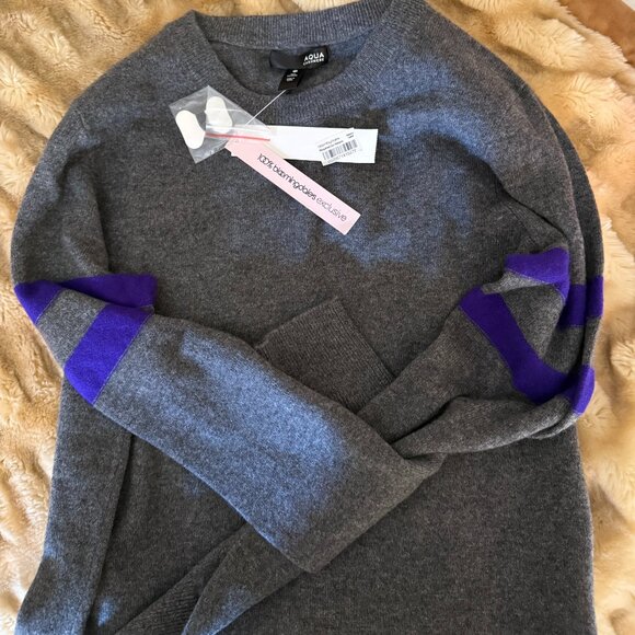 Grey Cashmere Crew Sweater with Violet Stripes by Aqua, Size M, New With Tags - Picture 1 of 6